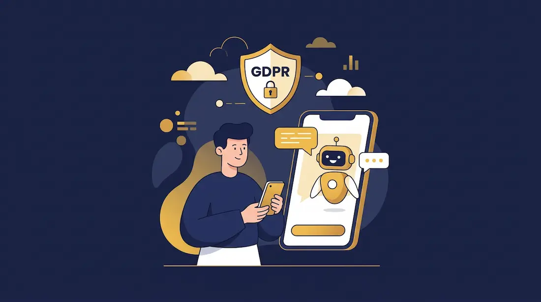 En illustration af en person der interagerer med en venlig chatbot på en mobiltelefon, med GDPR-skjold i baggrunden