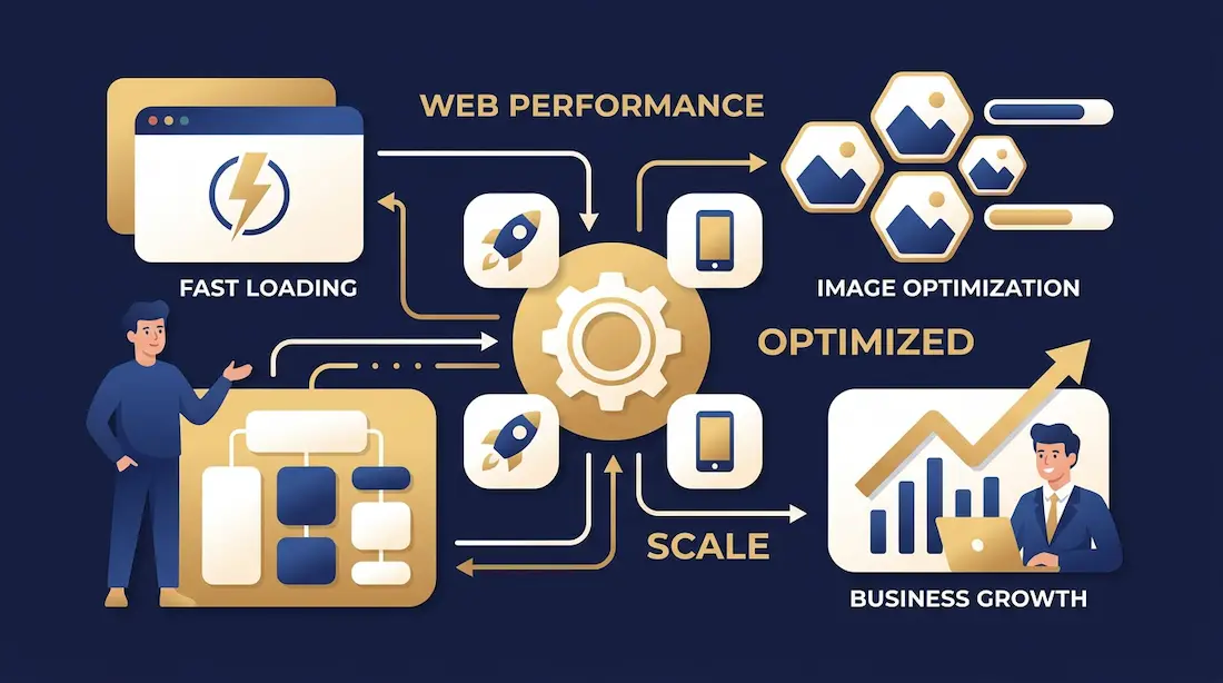 A collage of various optimized images on a fast-loading website, showcasing a small business owner smiling at her laptop with a happy customer in the background.
