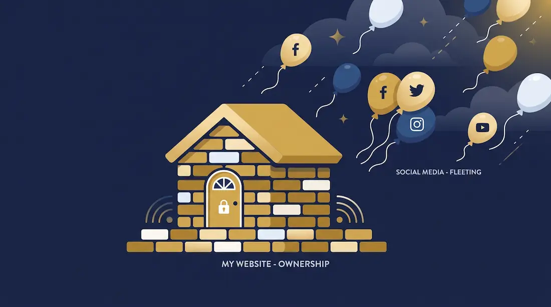 Illustration der viser en hjemmeside som et solidt hus og sociale medier som flygtige reklameballoner