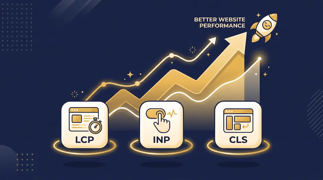 En illustration der viser de tre Core Web Vitals-ikoner for LCP, INP og CLS foran en graf der viser forbedret performance