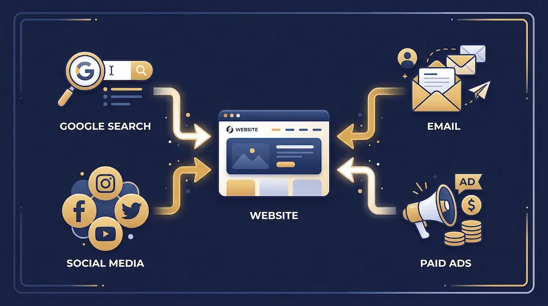 Diagram der viser hjemmesiden som centrum for marketingkanaler som sociale medier, SEO og annoncer