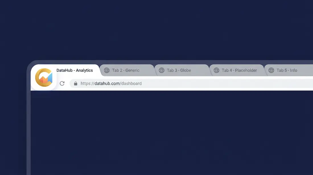 En række browserfaner hvor ét favicon er et skarpt, farverigt logo, mens de andre er generiske og grå verdensglobus-ikoner.