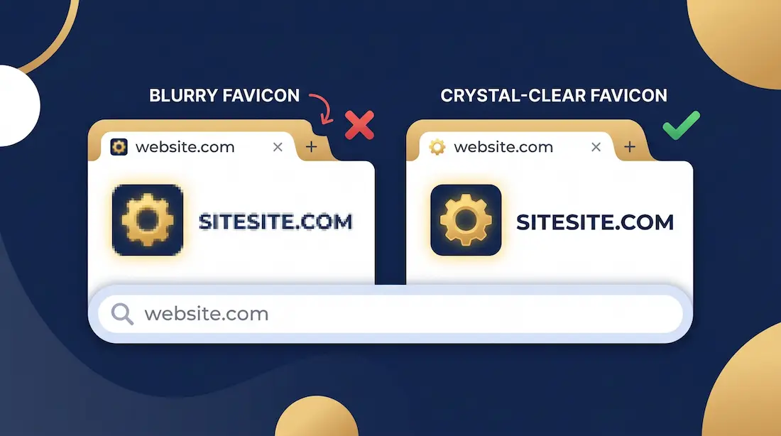 Sammenligning af et sløret, pixeleret favicon og et knivskarpt, vektor-baseret favicon i en browserfane.