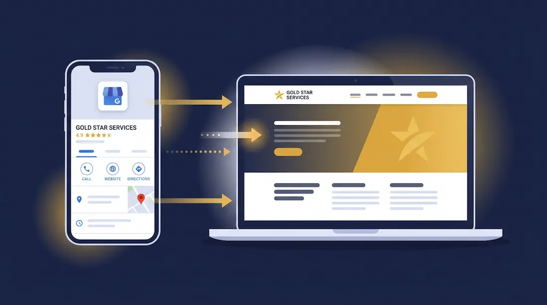 En illustration af en Google Business Profil på en smartphone ved siden af en bærbar computer, der viser en matchende hjemmeside