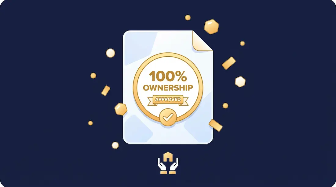 Et dokument med et stempel hvor der står "100% Ejerskab"