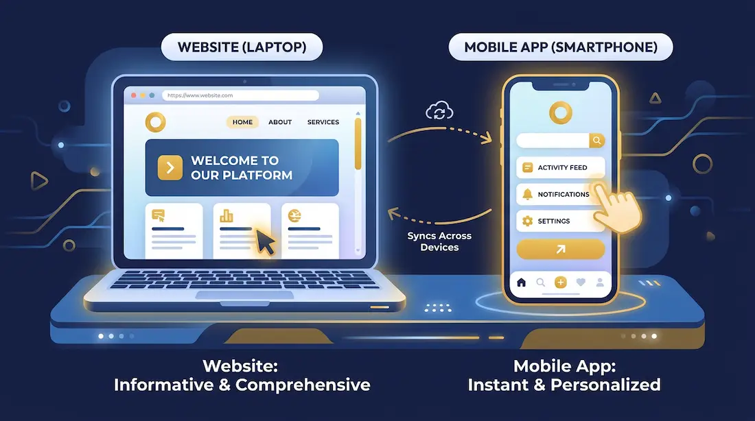 En grafisk sammenligning af en hjemmeside og en app på en smartphone og en laptop