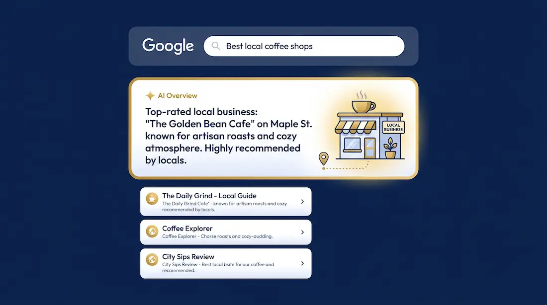 Illustration der viser et Google søgeresultat med et AI-genereret svar øverst, som fremhæver en lokal virksomhed