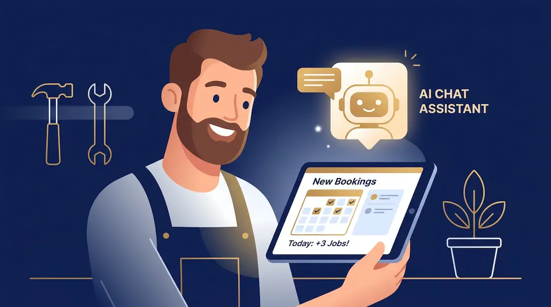 En glad håndværker der tjekker nye bookinger på sin tablet, mens en AI chatbot-ikon svæver i hjørnet
