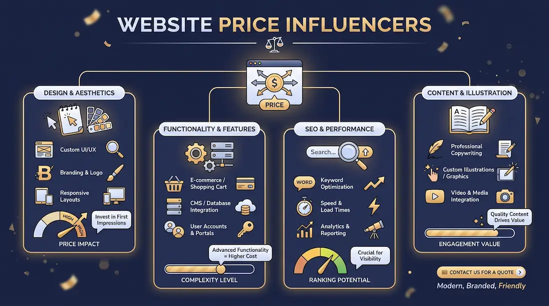 En infografik der viser de forskellige elementer, der påvirker en hjemmesides pris, som design, funktioner, SEO og indhold
