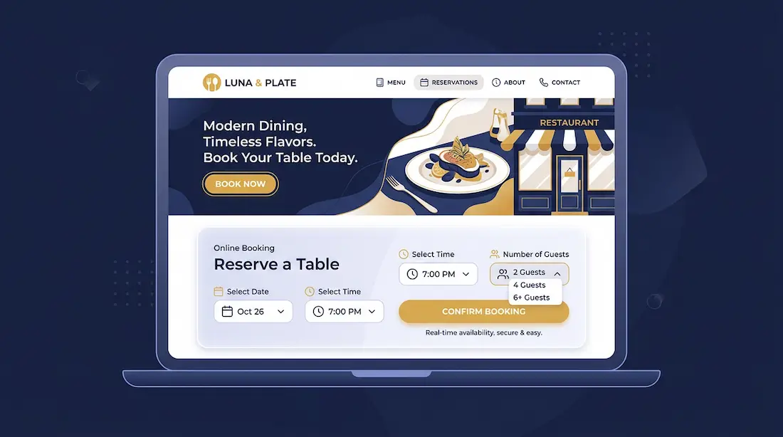 En moderne restaurant-hjemmeside vist på en bærbar computer med online booking-system