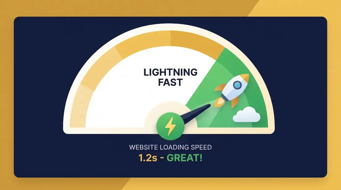 Et speedometer, der viser en hjemmesides load-tid i den grønne, lynhurtige ende