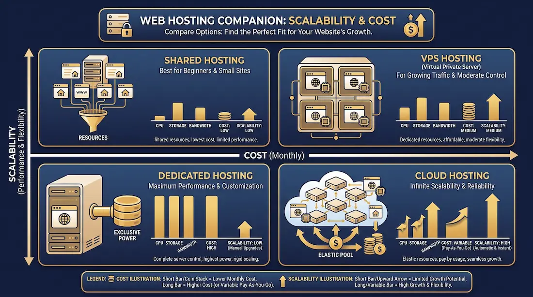 Oversigt over forskellige hostingtyper: shared, vps, dedikeret og cloud