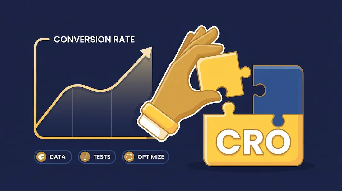 En graf der viser en stigende kurve for konverteringsraten, hvor en hånd placerer det sidste stykke i et puslespil mærket med "CRO"