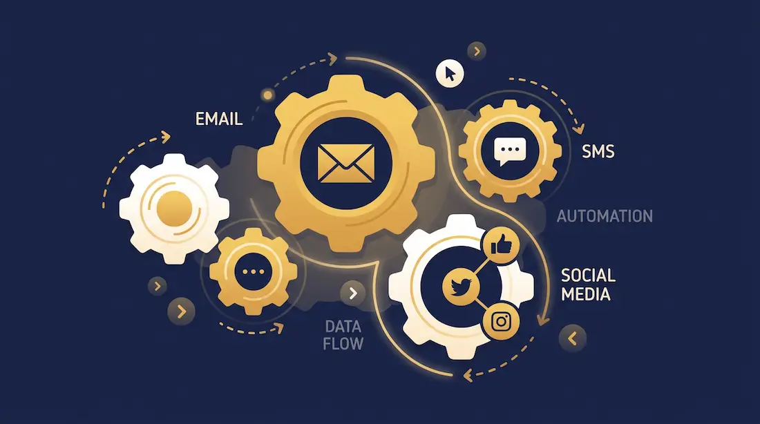 Et tandhjulssystem hvor de forskellige dele af marketing automation (e-mail, sms, sociale medier) griber ind i hinanden og skaber et flow
