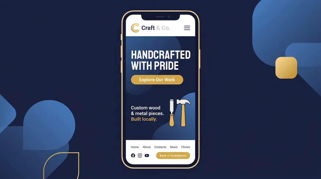 Eksempel på en mobilvenlig hjemmeside på en smartphone, der viser et rent og læsevenligt design for en håndværkervirksomhed