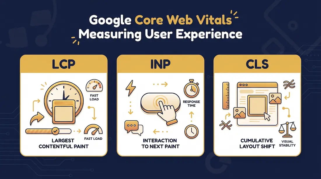 Illustration af Google's Core Web Vitals ikoner (LCP, INP, CLS) på en skærm