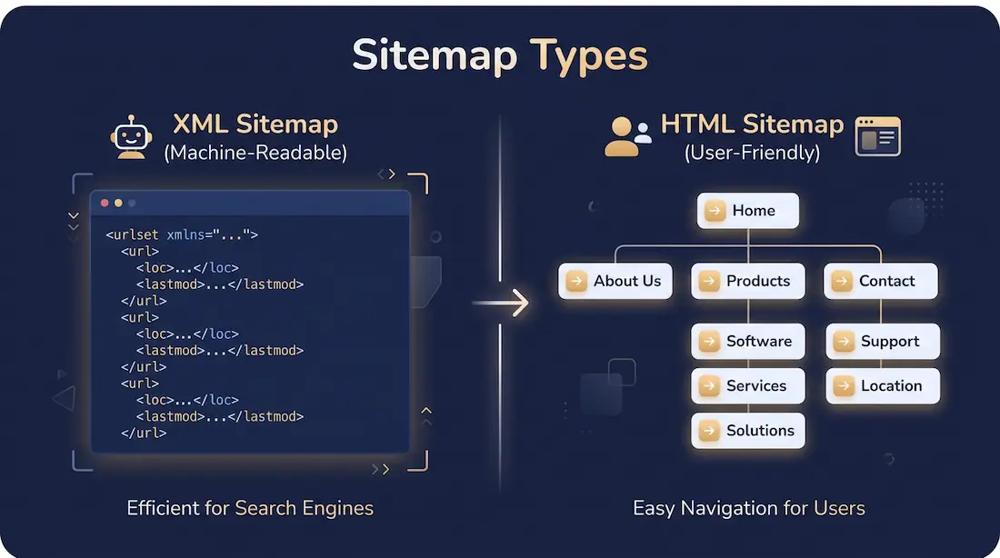 En illustration der viser forskellen på en XML-sitemap (kode) og en HTML-sitemap (brugervenlig liste)