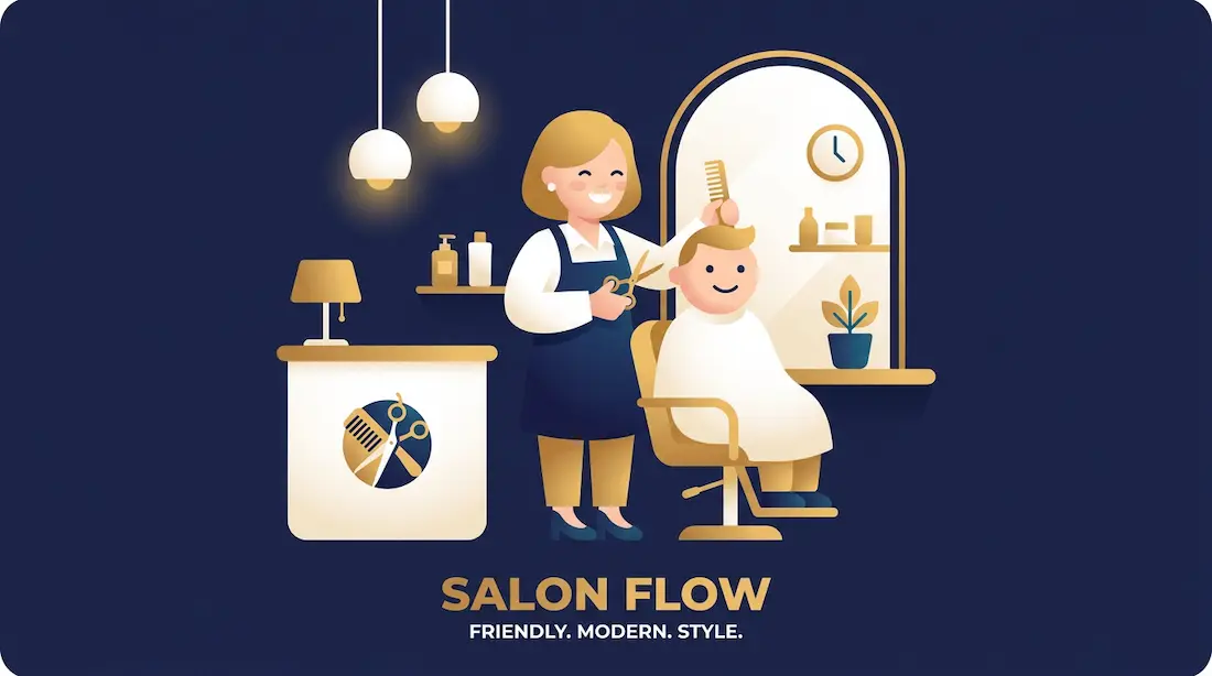 En frisør i gang med at klippe hår i sin salon, med et smilende ansigt