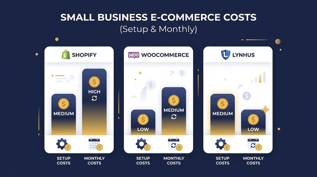 Pris-graf der sammenligner opstarts- og driftsomkostninger for en webshop på Shopify, WooCommerce og en Lynhus-løsning