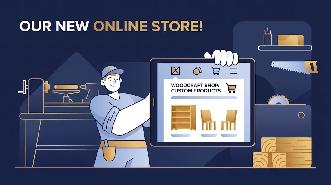 En glad tømrer der viser sin nye webshop frem på en tablet i sit værksted, hvor han sælger specialfremstillede træprodukter.