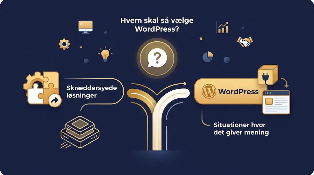 Hvem skal så vælge WordPress? Selvom vi er fortalere for skræddersyede løsninger, er der situationer, hvor WordPress kan give mening. – illustration til Lynhus blog